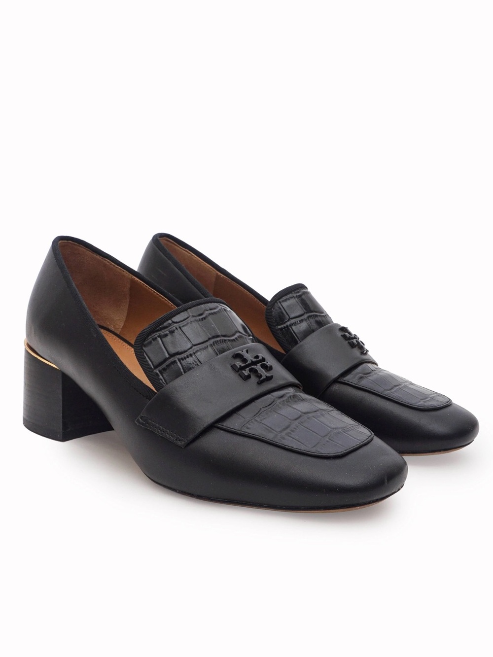 TORY BURCH EVERLY 55mm Loafers Black Leather Croc Embossed Block Heel Pumps 10.5